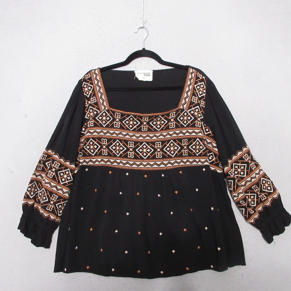 Savanna‎ Jane Blouse Plus 3X Black Floral Embroidered Boho Peasant Square Neck